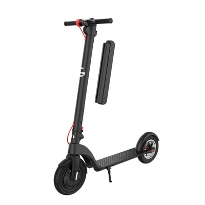GoRunner 10-tommer Comfort el-løbehjul i sort med røde detaljer og batteriet vist ved siden af styrestangen.