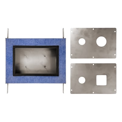 Grohe lækageboks til 2-huls vægmonterede håndvaskarmaturer, vist med en blå vandtæt membran og tilhørende metalplader.