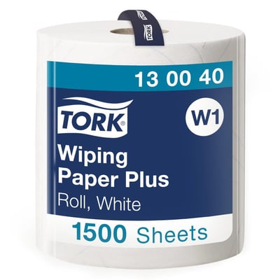 Tork Aftørringspapir Plus, 2-lags hvid rulle med 1500 ark og W1 system, klar til brug.