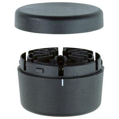 Socket til 360° signallamper VAZ-CLAMP-70MM fra Pepperl+Fuchs, monteringsbeslag og afdækning i sort plastik, isoleret på hvid baggrund.