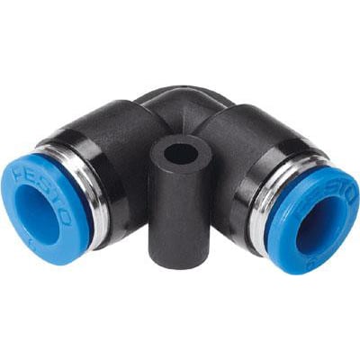 Festo vinkel-stikforbindelse QSL-10-50 med blå trykring og indgraveret Festo logo på hvid baggrund.