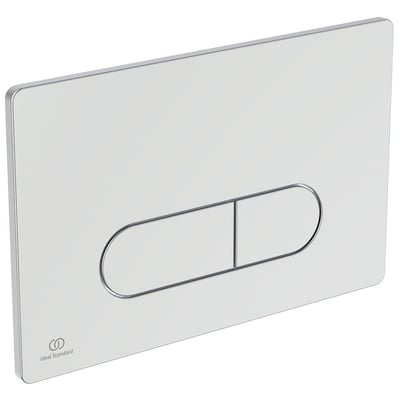 Frontvist Ideal Standard OLEAS mekanisk kontrolplade i blank krom med to aflange skylleknapper og Ideal Standard logo.