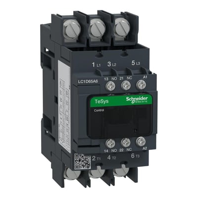 Schneider Electric TeSys D kontaktor med 3 poler, 65A og 230VAC spole, vist fra siden med tydelige mærker.