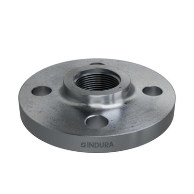 Galvaniseret stålflange PN16 med 1 1/4" indvendigt gevind og fire boltehuller, mærket INDURA.