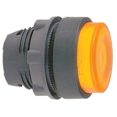 Schneider Electric ZB5 lampetrykhoved med orange LED-lys og 22 mm diameter, set i halv profil.