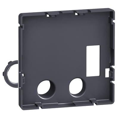 Bagside af Schneider Electric montageplade til display FDM121, 64x64mm, mørkegrå plast, viser monteringsdetaljer og en drejelig låsering.
