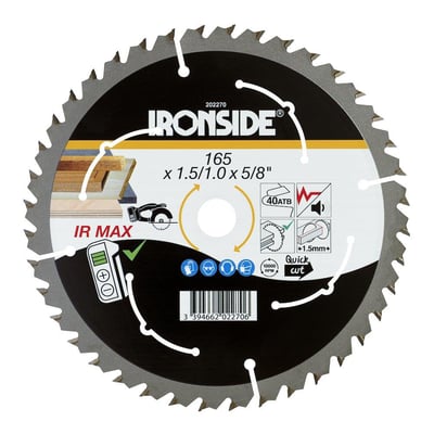 Ironside rundsavklinge til træ med 165 mm diameter og 40 tænder, vist forfra med sort midterfelt og sølvfarvet tandkrans.