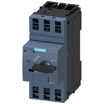Siemens SIRIUS 3RV2 motorværn, størrelse S00, med 5A indstillingsområde og 3 faser, vist med drejekontakt i 'TRIPPED' position på hvid baggrund.