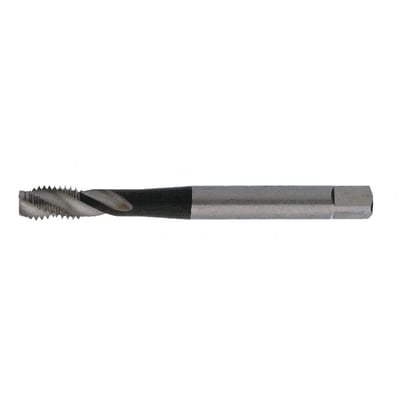 Nærbillede af Thürmer spiraltap M10x1,5 mm HSS, der viser gevindets 35° spiral og det forstærkede skaft.