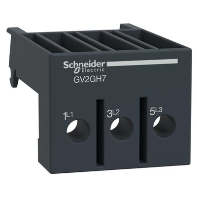 Detaljeret frontvisning af Schneider Electric GV2GH7 fasebarriere med tydelig mærkning af indgangspunkter og brandlogo.