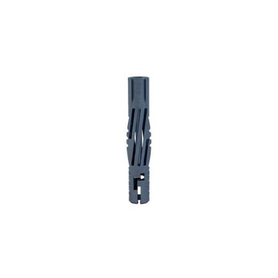 Universalplug UNI-XP uden krave, 6 x 50 mm, ses stående med langsgående slidser og mørkegrå overflade.