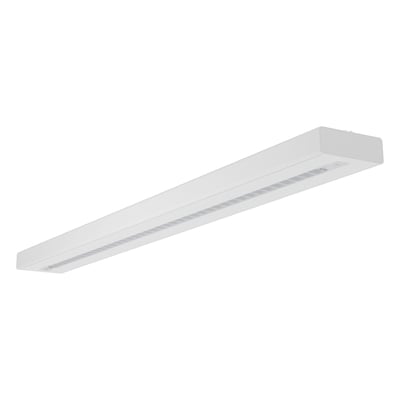 Hvidt LEDVANCE indiviLED direct-armatur med DALI, 4800 lm og 40 W, set skråt nedenfra med langsgående lysoptik.