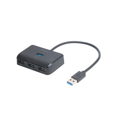 Oversigtsbillede af Deltaco USB-A hub i sort plast, forbundet til en computer via dens USB-A kabel, med 4 porte synlige.