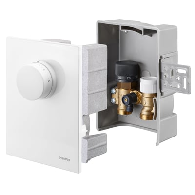 Oventrop Unibox T-RTL indbygningsboks med hvid frontplade og synlige messingventiler, viser termostat og temperaturregulator på hvid baggrund.