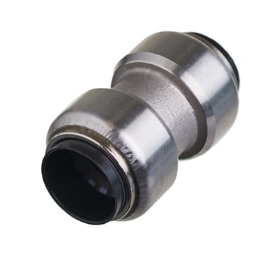 Roth samlemuffe i rustfrit stål til 15 mm rør, med indstiksfittings og sorte tætningsringe.