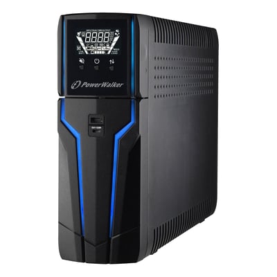 PowerWalker VI 1500 GXB UPS med 1500VA/900W kapacitet, sort med blå accentlys og digitalt display.
