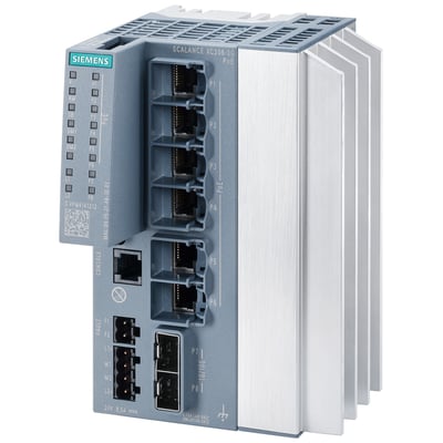 Siemens SCALANCE XC206-2G PoE switch med seks 10/100/1000 Mbps RJ45 PoE-porte og to SFP+ porte på hvid baggrund.