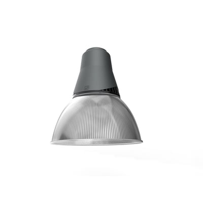 Ansell Lighting Deco HB2 PC 96W LED pendel i mat grå med klar polycarbonat-refraktor, isoleret på hvid baggrund.