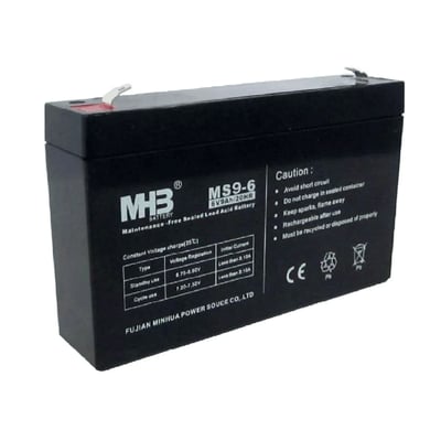 PowerWalker MHB MS9-6 6V/9Ah batteri, et 6V genopladeligt blysyrebatteri med etikette og advarsler.