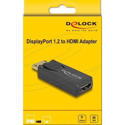 DeLock DisplayPort 1.2 til HDMI-adapter i sort, vist på gul emballage med markering af passiv 4K-understøttelse.