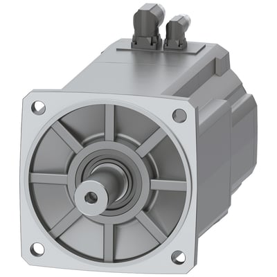 Siemens Simotics S-1FK2 CT servomotor med M0 40 Nm, vist fra forsiden med aksel og monteringsflange. Den grå metalmotor har to vinklede stik på toppen.