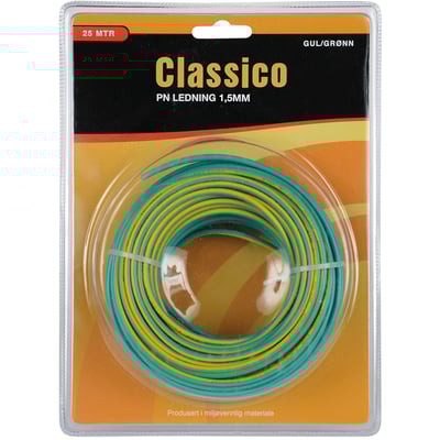 Classico PN installationskabel 25 meter, 1,5 mm i gul/grøn, vist i emballage med orange og sort baggrund.