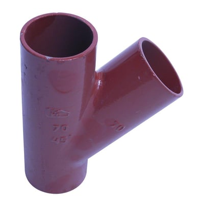 Rødt SML grenrør i støbejern med 80mm diameter og 45 graders vinkel, uden muffe.