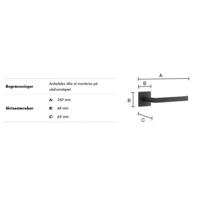 Teknisk tegning af Smedbo Cube toiletpapirholder i sort børstet stål, med mål A: 160mm, B: 48mm, C: 65mm og monteringsanvisning.