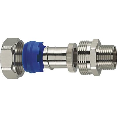 HellermannTyton forskruning FM F/Ø40-FMC-M40, IP65 metalkonnektor med udvendigt gevind og blå plastdetaljer.