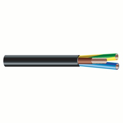Halogenfrit gummikabel H07ZZ-F 5G1,5 R100 i sort med synlige ledere af brun, blå og gul/grøn. Ledningerne er isolerede og viser kobbertråde.