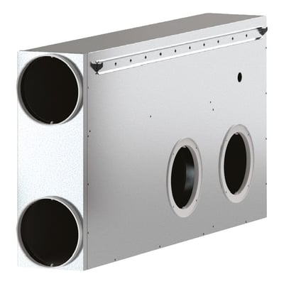 Panasonic sideudgangsforskalling til hjørnemontering med venstre udløb, vist fra siden med fire cirkulære åbninger.