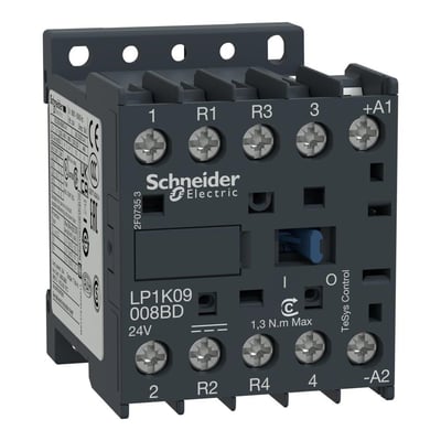 Schneider Electric TeSys K kontaktor, model LP1K09 008BD, 9A, 48V DC spole, med 2 sluttede og 2 brudte kontakter.