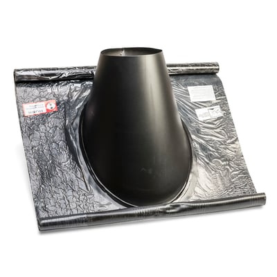 Metalbestos skorsten inddækning i sort flexmateriale med 250mm rørdiameter, ideel til 46-63 graders taghældning.