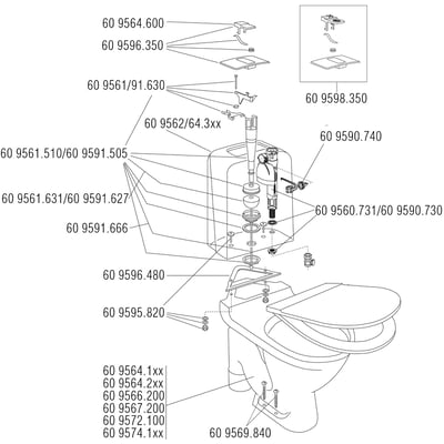 Eksploderet tegning af et Gustavsberg toilet med varenumre og pile, der viser placeringen af dele.