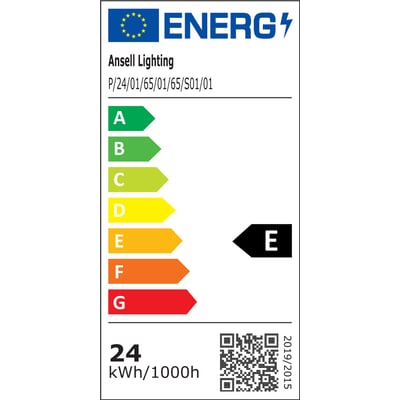 Energimærke for Ansell Lighting P-Cell LED bånd, klassificeret som E med EU-logo og detaljer om forbrug pr. 1000 timer.
