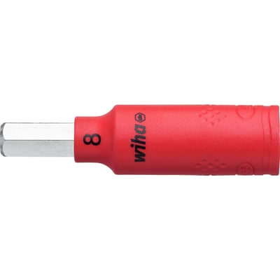 Wiha ¼” 1000 V isoleret top med rød isolering og synlig 8 mm sekskantet metalende.