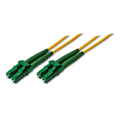 Fiberoptisk patchkabel med to grønne LC/APC duplex konnektorer og gule 2mm LSZH kabler.