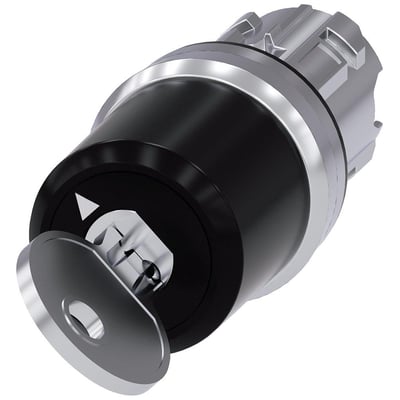 Siemens nøgleafbryder i metal med rund front og nøgle i låsen, 22mm, med overvågning og sølvfarvet kant.