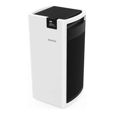 Nærbillede af Boneco P710 luftrenseren med dens digitale display, der viser '254', på en neutral hvid baggrund.