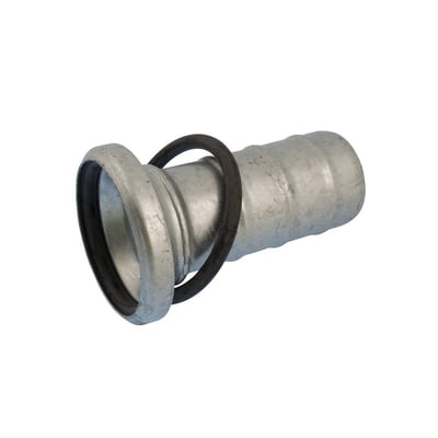 Bauer slangestuds med O-ring, 76mm FZV hun kobling i metal med synlig O-ring på hvid baggrund.