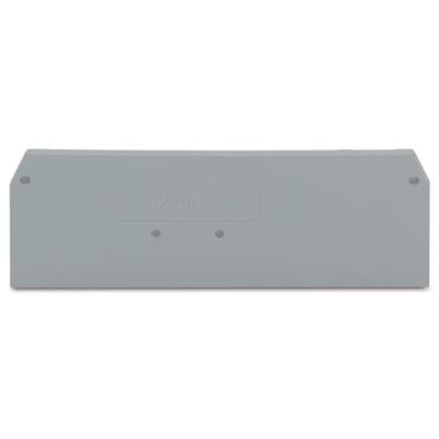 Wago ende- og mellemplade i grå, 2,5 mm tyk, med Wago logo indtrykt på overfladen.