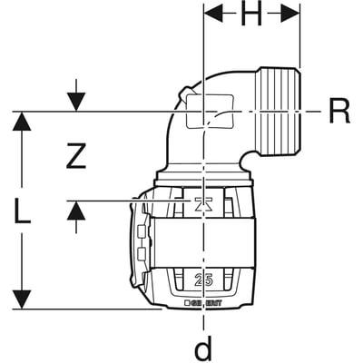 Teknisk tegning af Geberit FlowFit 90° bøjning, viser dimensioner og pasform til 32mm rør og 1" gevind.