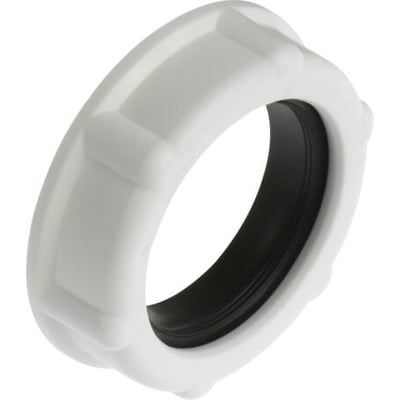 Hvid omløber med pakning til 5/4" gevind og 32mm rør, viser det runde design med ribber.