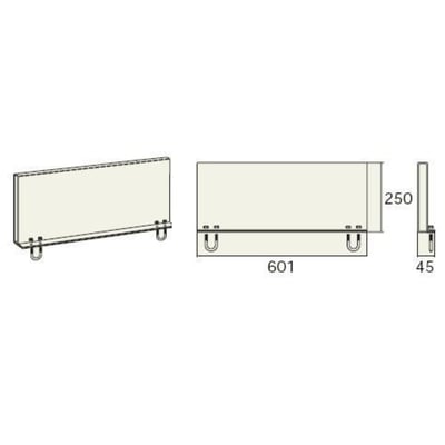 Teknisk tegning af montageplade 60 FZV, viser dimensioner 601mm bredde, 250mm højde og 45mm dybde.