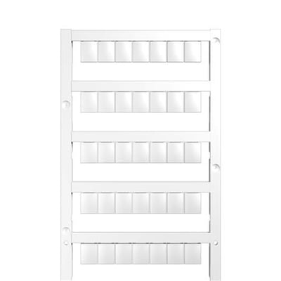 Weidmüller MF10/8 MC klemmemærker i hvidt polamid, leveret på et bånd med 5 rækker af mærker.