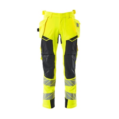 Mascot Hi-Vis bukser i gul og mørk marine med hængelommer, reflekser og CORDURA-forstærkninger, str. 82C47.
