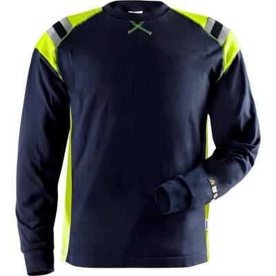 Kansas Fristads Flamestat langærmet t-shirt i mørk marine med gule detaljer og refleksstriber på skuldrene.