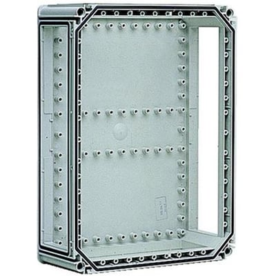 Detaljeret billede af Fibox EKIN32-4 kassebund, der viser de talrige monteringshuller og tætningsliste i gummi.