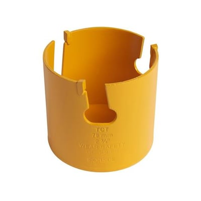 Gul Ironside HM-hulsav på 70 mm til flere materialer, set skråt ovenfra med den åbne cylinder og skærekanter synlige.