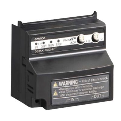 Omron MX2 EtherCAT optionskort, model 3G3AX-MX2-ECT, med tydelige mærkater for 'IN', 'OUT', 'RUN', 'ERR' og EtherCAT ADR, IN og OUT porte.